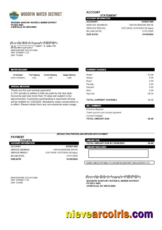 USA North Carolina Woodfin Sanitary Water & Sewer District business utility bill